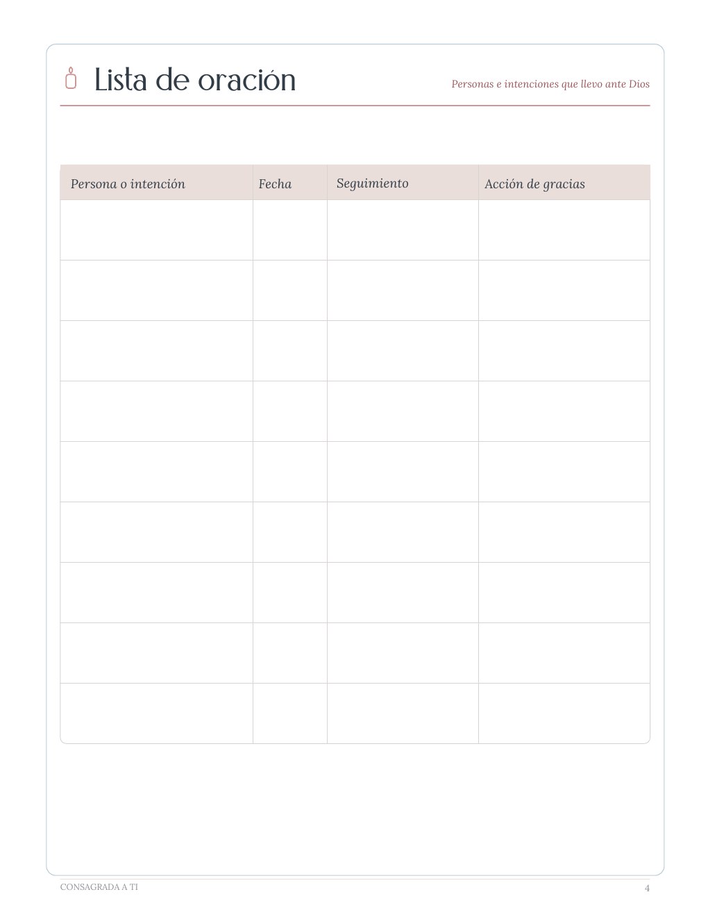 Página Lista de oración de Mi Diario de Oración