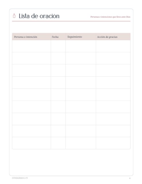 Página Lista de oración de Mi Diario de Oración