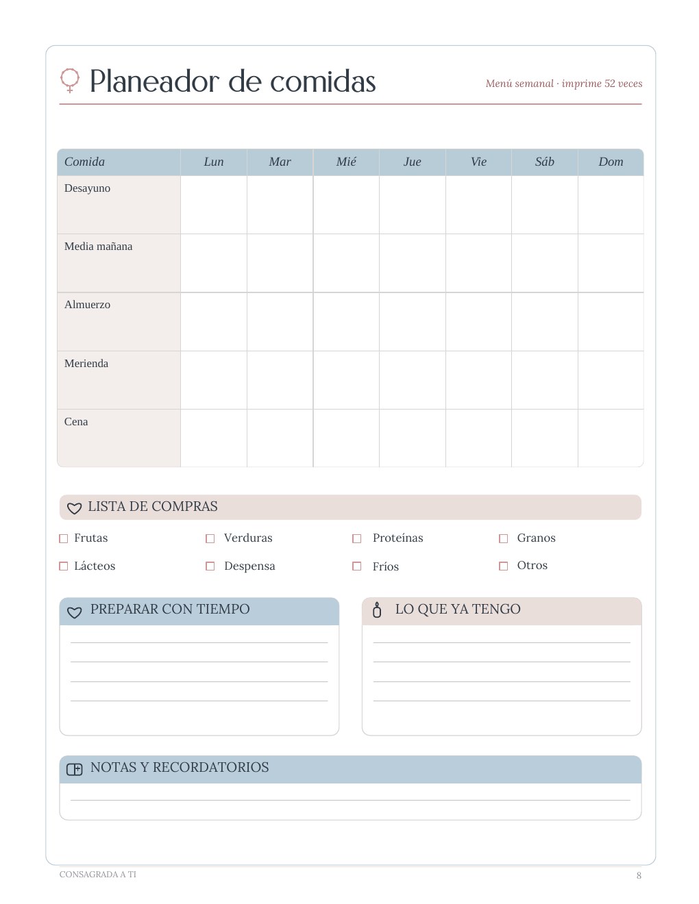 Página Planeador de comidas del planner Mi Semana y Mis Hábitos