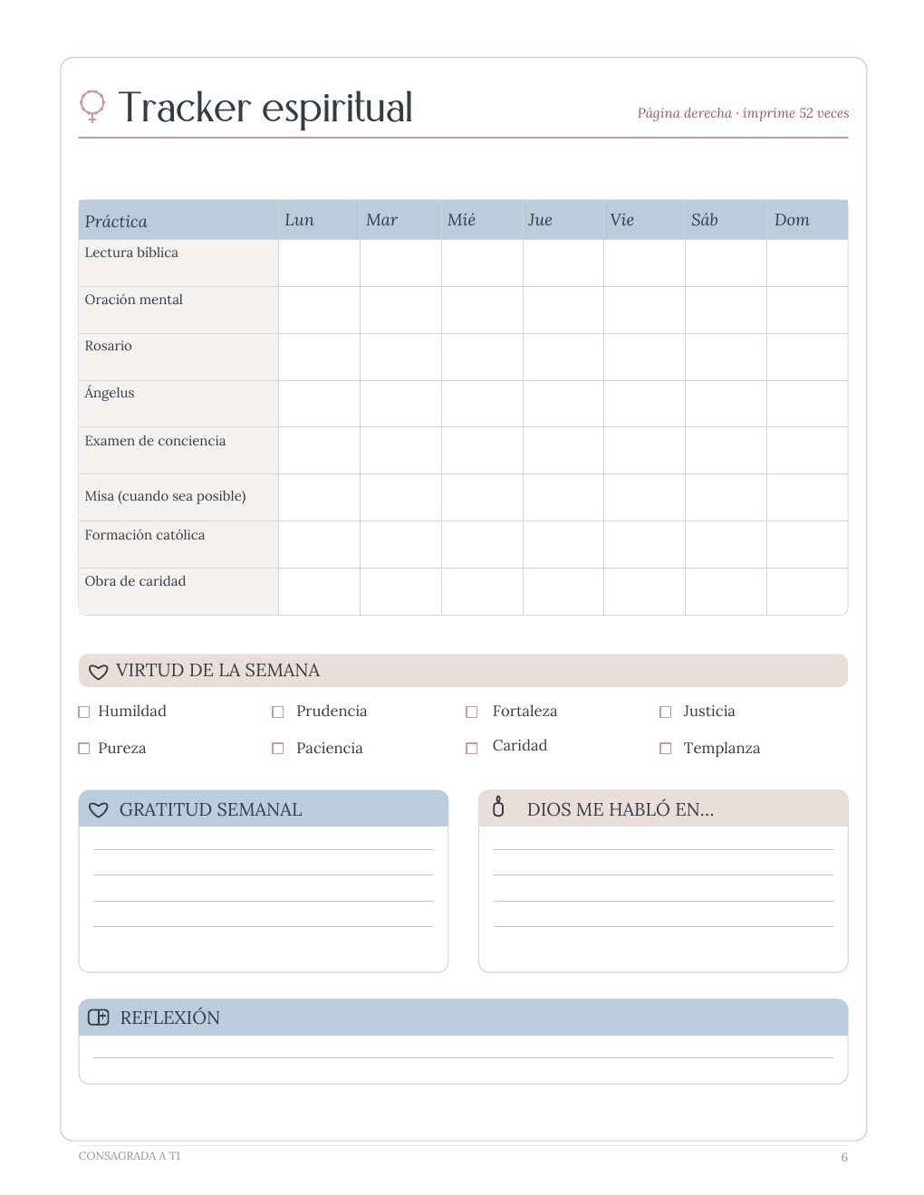 Página Tracker espiritual del planner Mi Semana y Mis Hábitos